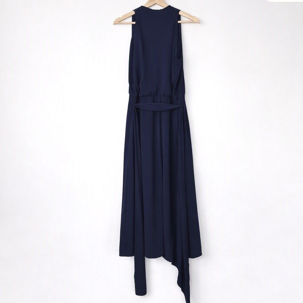 Lauren Ralph Lauren Navy Draped V Neck Sash Belt Dress Sleeveless Midi Size 6 - Picture 2 of 6